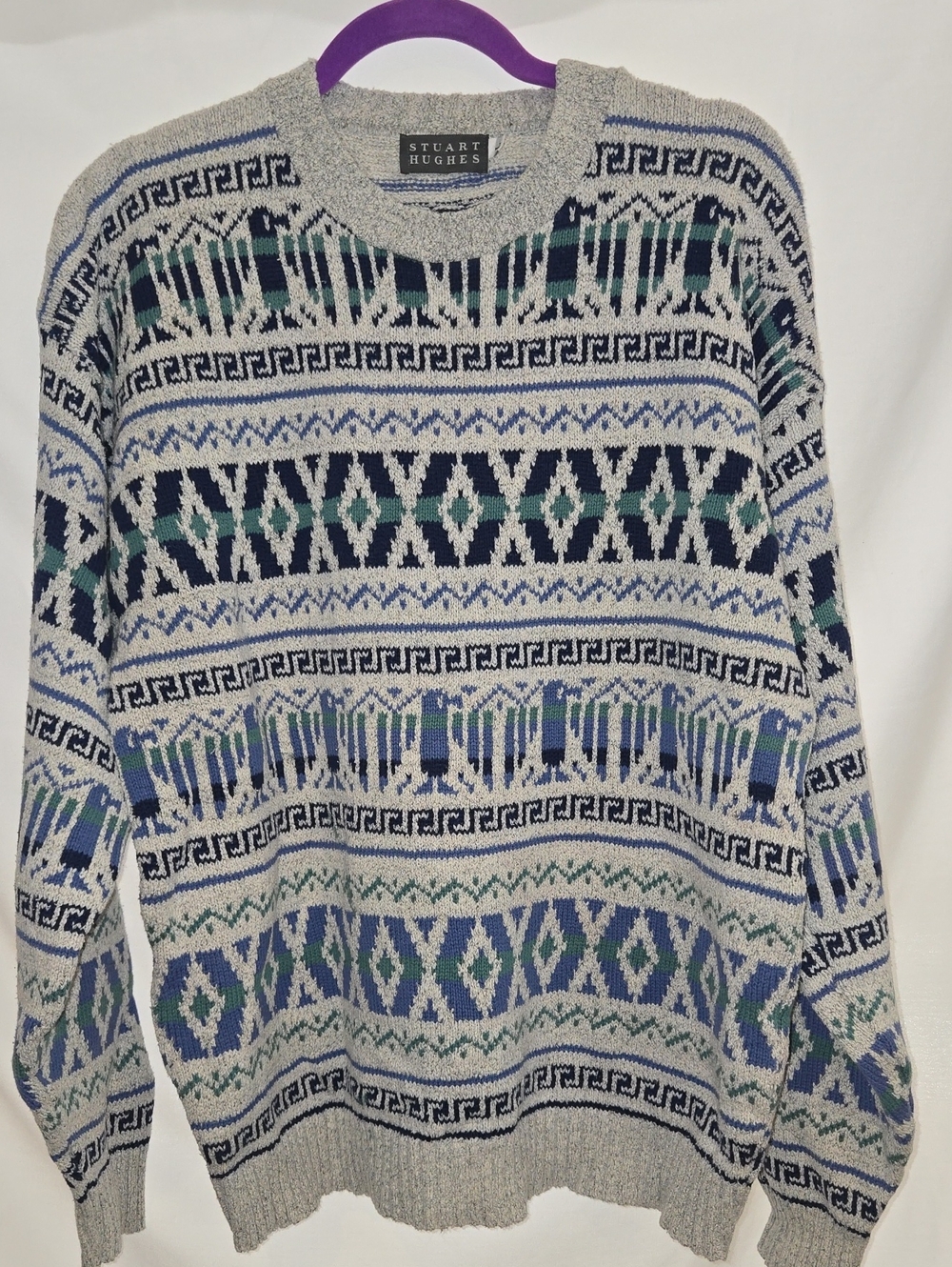 Gray Crewneck Sweater with Blue & Green Pattern